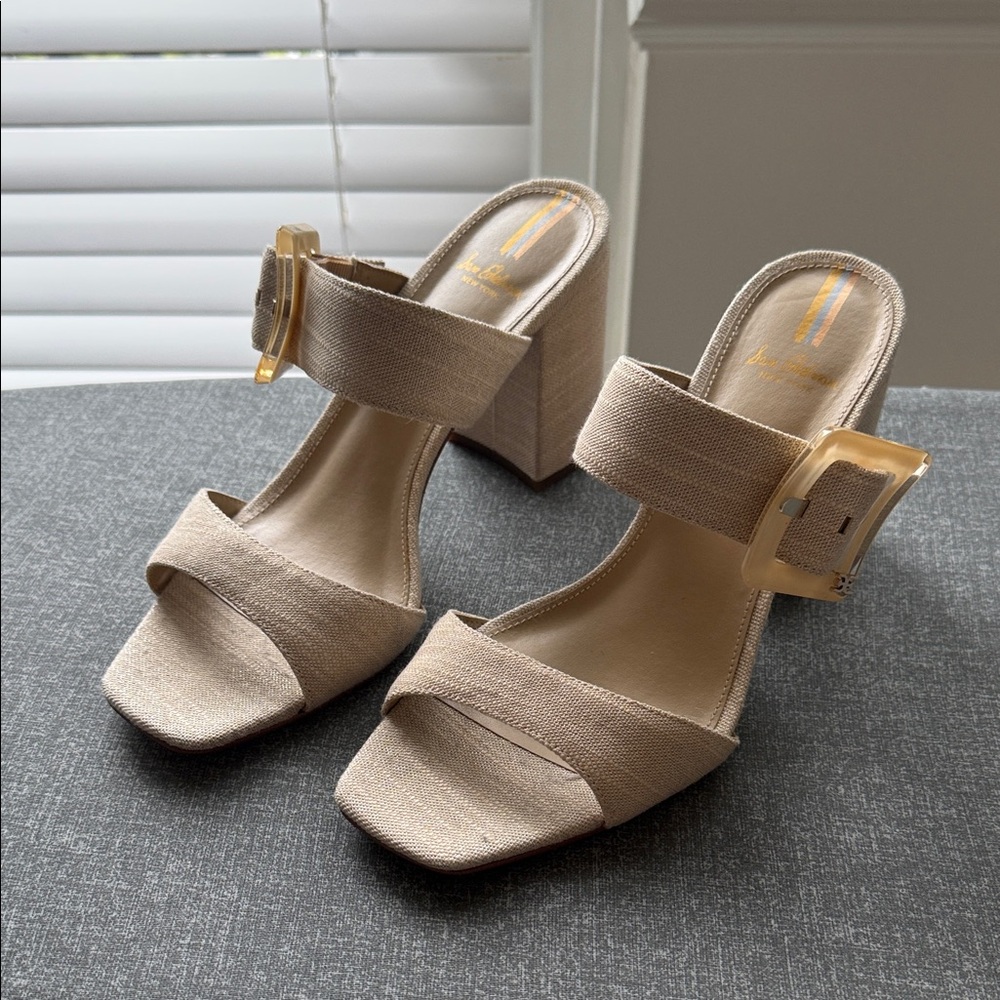 Sam Edelman Beige Linen Block Heel Mules with Gold Buckle